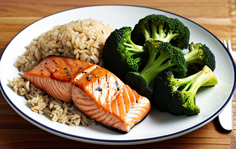 **

"A vibrant plate of brown rice, grilled salmon, and steamed broccoli, representing a healthy post-cardio meal. Focus on the textures and colors of fresh, nutritious food. Emphasize energy recovery."

**