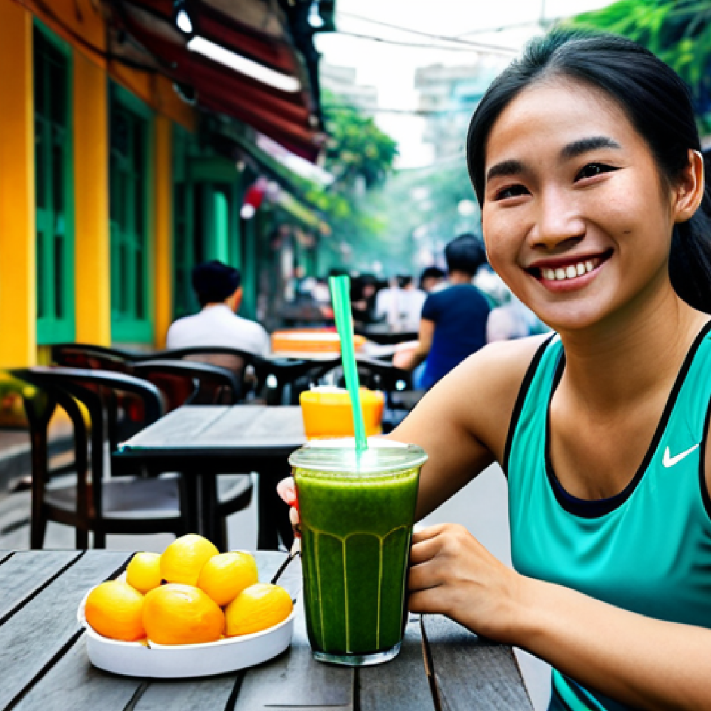 운동선수에게 적합한 슈퍼푸드 목록 - **
A Vietnamese female athlete, fully clothed in athletic wear, drinking a green smoothie with spir...