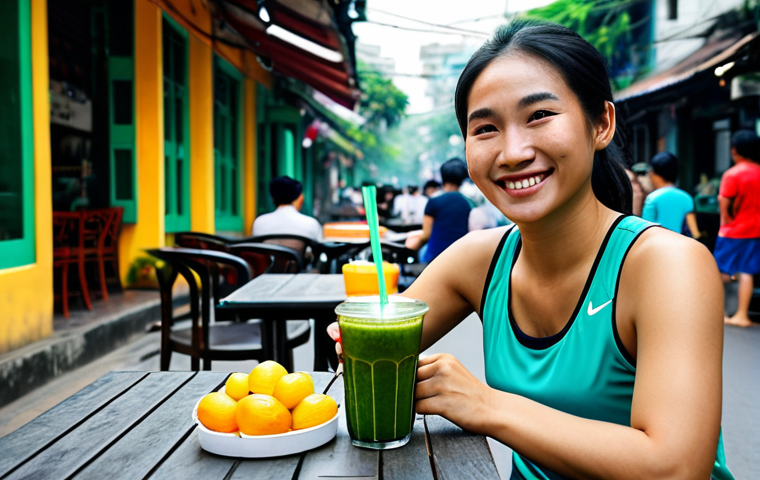 운동선수에게 적합한 슈퍼푸드 목록 - **
A Vietnamese female athlete, fully clothed in athletic wear, drinking a green smoothie with spir...