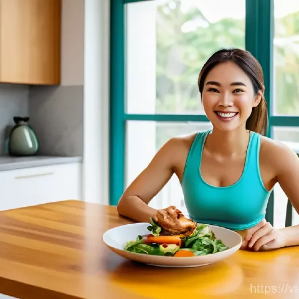 운동선수의 식단에서 피해야 할 음식 - A cheerful young Vietnamese woman, in her early twenties, is seated at a bright, minimalist dining t...