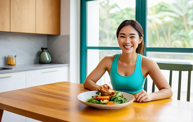 운동선수의 식단에서 피해야 할 음식 - A cheerful young Vietnamese woman, in her early twenties, is seated at a bright, minimalist dining t...