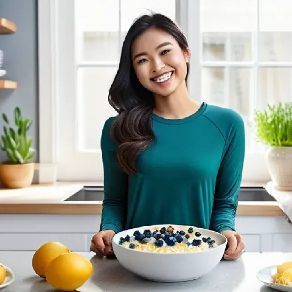 간편하게 준비하는 운동선수 아침 식사 - **Prompt:** A fit and healthy Vietnamese female athlete, in her late 20s, smiling as she enjoys a nu...