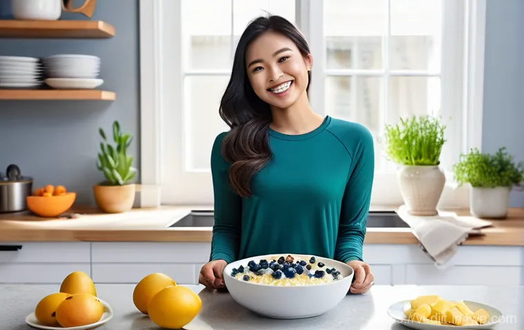 간편하게 준비하는 운동선수 아침 식사 - **Prompt:** A fit and healthy Vietnamese female athlete, in her late 20s, smiling as she enjoys a nu...