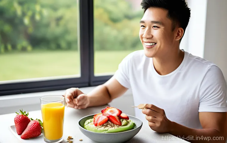 간편하게 준비하는 운동선수 아침 식사 - **Prompt:** A fit and healthy Vietnamese female athlete, in her late 20s, smiling as she enjoys a nu...