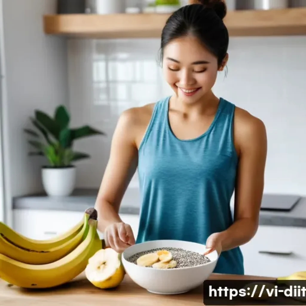 운동선수의 식사 전 후 영양 섭취 방법 - A vibrant Vietnamese fitness enthusiast preparing a nutritious pre-workout meal in a modern kitchen,...