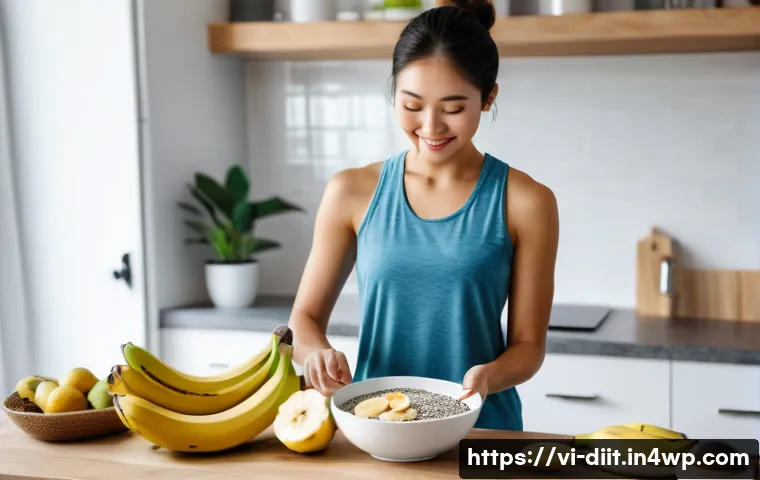 운동선수의 식사 전 후 영양 섭취 방법 - A vibrant Vietnamese fitness enthusiast preparing a nutritious pre-workout meal in a modern kitchen,...