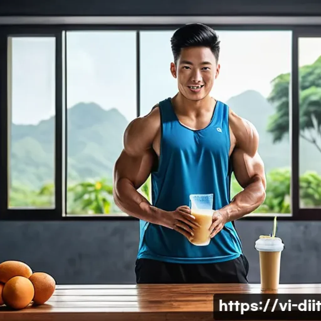 경기 후 영양 섭취의 중요성 - A vibrant and detailed illustration of a Vietnamese gym setting showing a young Vietnamese adult mal...