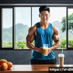 Home 22 경기 후 영양 섭취의 중요성 - A vibrant and detailed illustration of a Vietnamese gym setting showing a young Vietnamese adult mal...