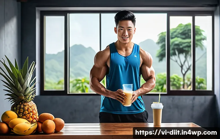경기 후 영양 섭취의 중요성 - A vibrant and detailed illustration of a Vietnamese gym setting showing a young Vietnamese adult mal...