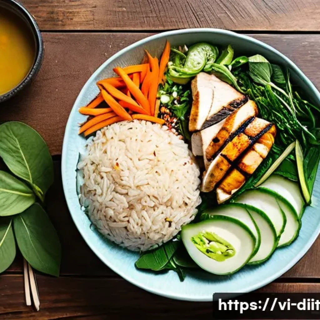 운동선수의 체중 조절을 위한 영양 전략 - A vibrant and detailed overhead shot of a healthy Vietnamese athlete's meal spread on a rustic woode...