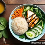 Home 21 운동선수의 체중 조절을 위한 영양 전략 - A vibrant and detailed overhead shot of a healthy Vietnamese athlete's meal spread on a rustic woode...