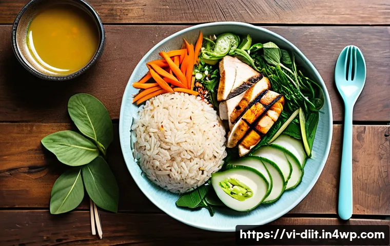 운동선수의 체중 조절을 위한 영양 전략 - A vibrant and detailed overhead shot of a healthy Vietnamese athlete's meal spread on a rustic woode...