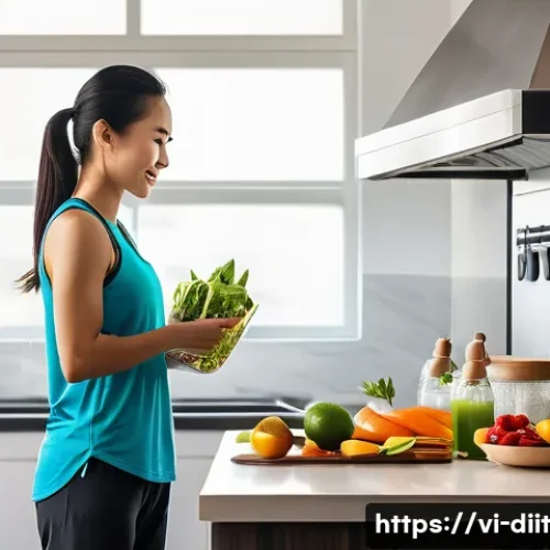 Home 32 운동선수의 최적의 성과를 위한 영양 조언 - A vibrant Vietnamese athlete preparing a balanced meal in a modern kitchen, featuring natural, unpro...
