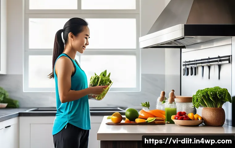 운동선수의 최적의 성과를 위한 영양 조언 - A vibrant Vietnamese athlete preparing a balanced meal in a modern kitchen, featuring natural, unpro...