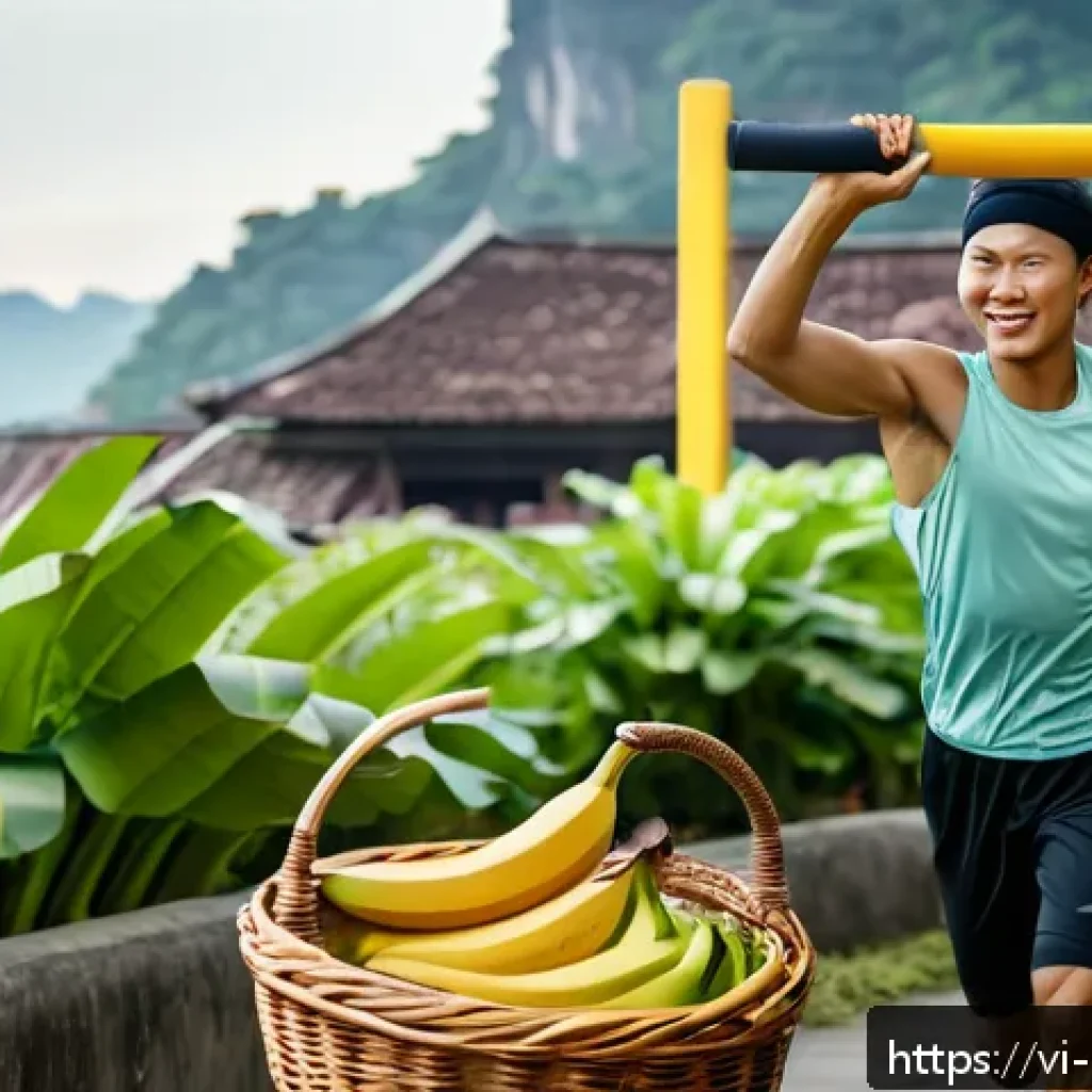 운동선수의 식단에서 특정 음식의 효과 - A dynamic scene of a Vietnamese athlete in mid-workout at an outdoor gym, wearing sporty clothing an...