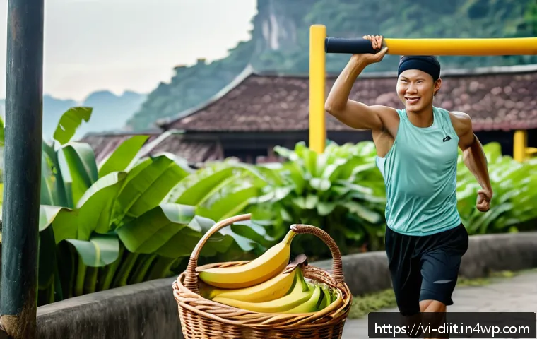 운동선수의 식단에서 특정 음식의 효과 - A dynamic scene of a Vietnamese athlete in mid-workout at an outdoor gym, wearing sporty clothing an...