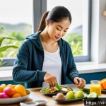 Home 18 운동선수의 회복을 돕는 영양소 - A vibrant and detailed kitchen scene featuring a Vietnamese athlete preparing a nutritious post-work...