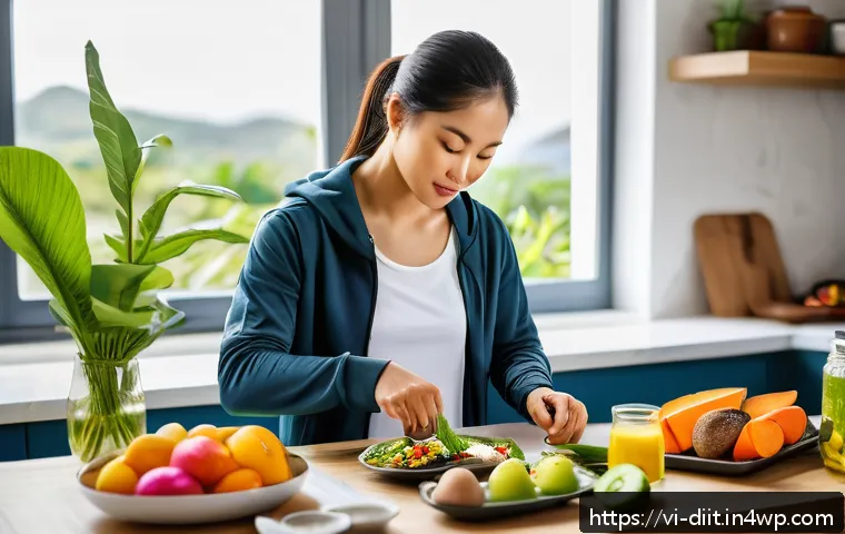 운동선수의 회복을 돕는 영양소 - A vibrant and detailed kitchen scene featuring a Vietnamese athlete preparing a nutritious post-work...