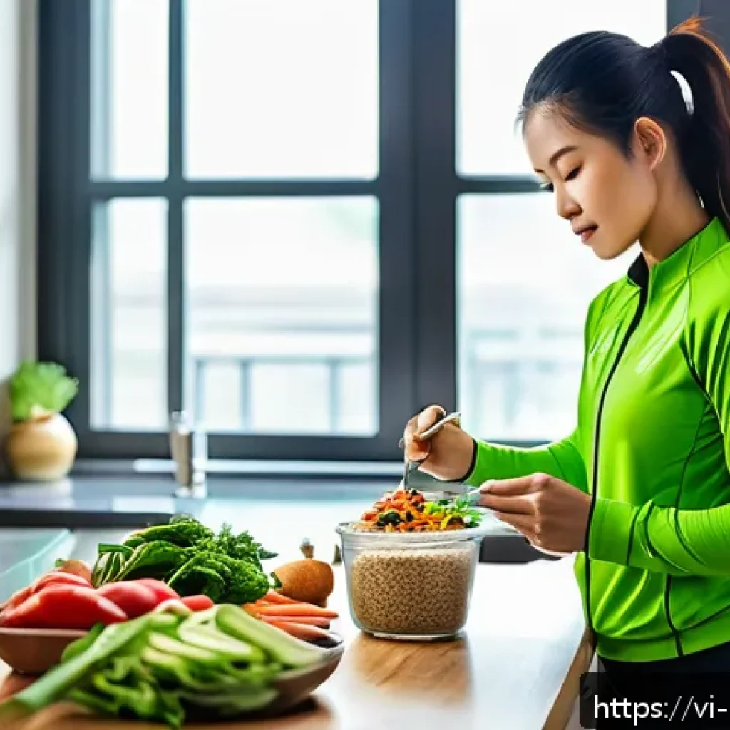 여성 운동선수를 위한 맞춤형 식단 - A Vietnamese female athlete in her mid-20s, wearing sporty, breathable workout clothes and a light j...