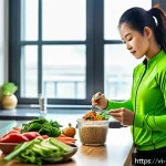 Home 23 여성 운동선수를 위한 맞춤형 식단 - A Vietnamese female athlete in her mid-20s, wearing sporty, breathable workout clothes and a light j...