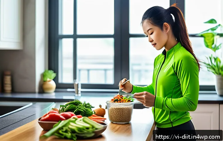 여성 운동선수를 위한 맞춤형 식단 - A Vietnamese female athlete in her mid-20s, wearing sporty, breathable workout clothes and a light j...