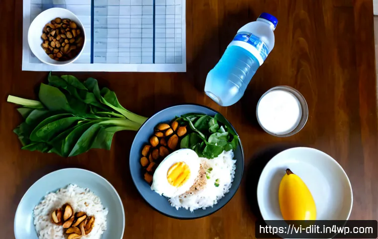 Home 17 운동선수의 영양 요구 사항에 대한 체크리스트 - Photorealistic overhead view of a Vietnamese endurance athlete’s nutrition planning scene on a clean...